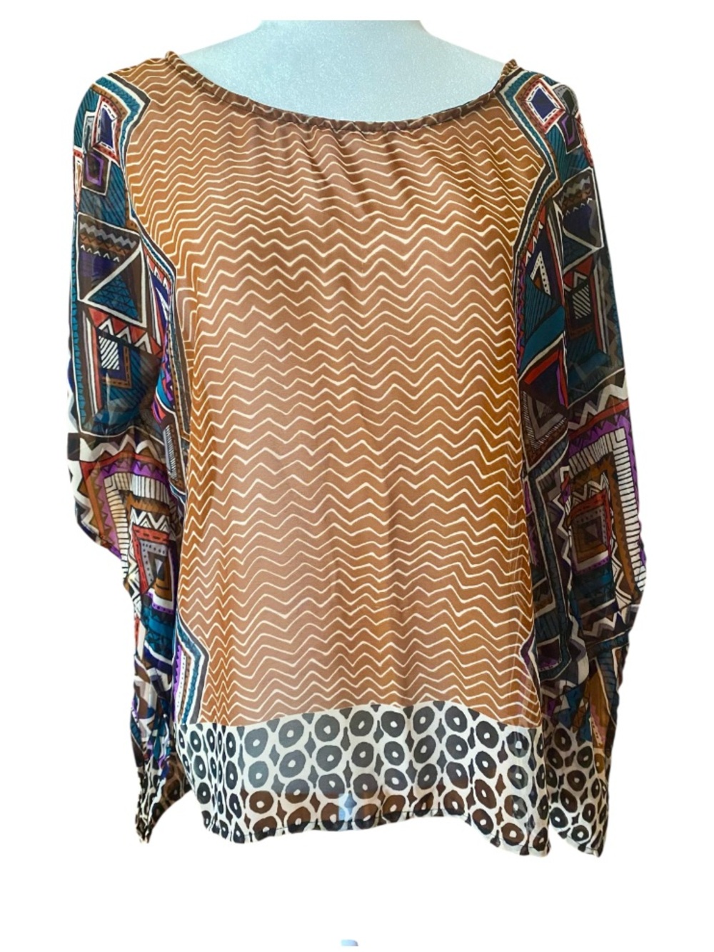 One Clothing Boho Geometric Sheer Batwing Blouse Top Size M